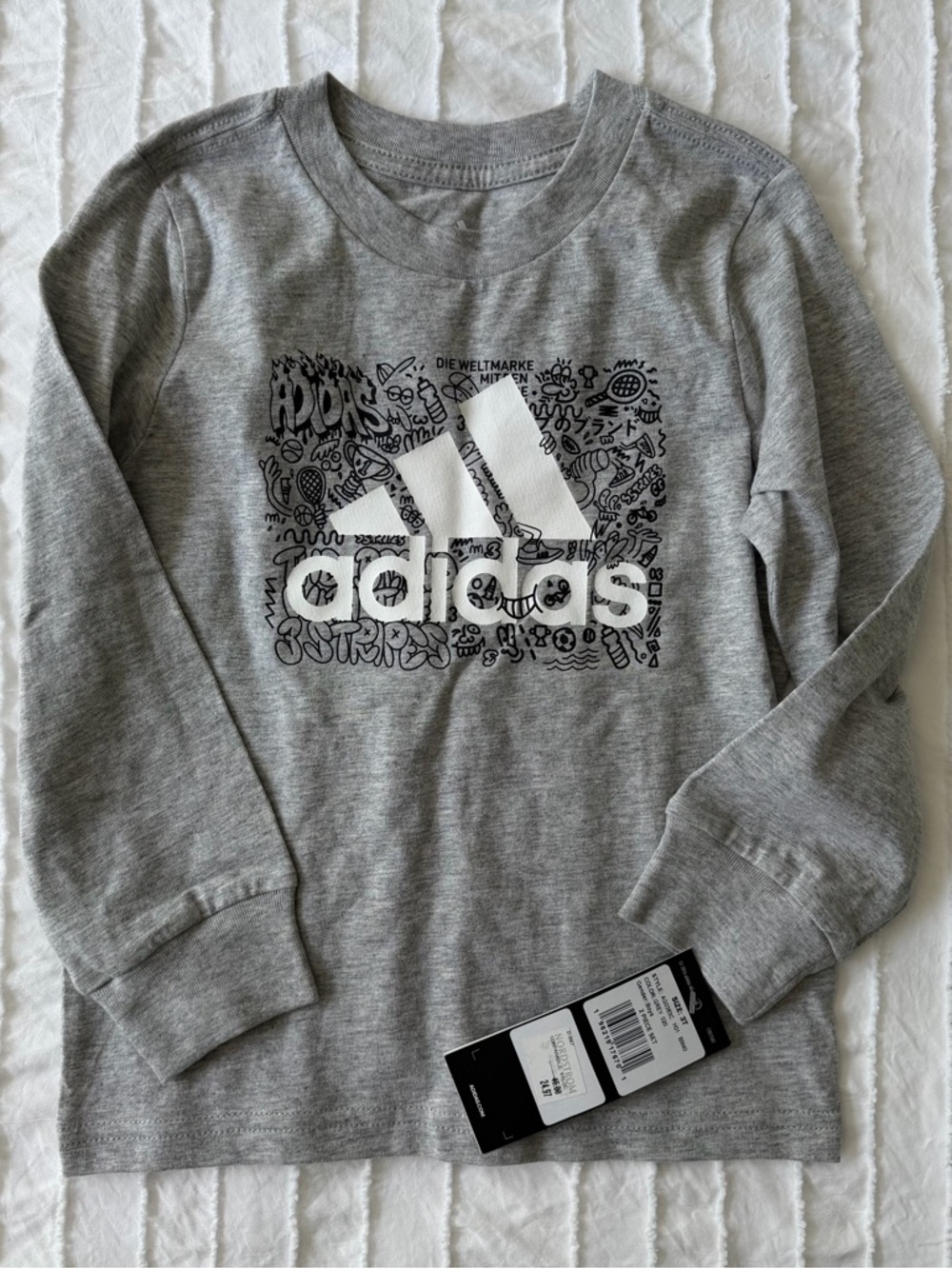 adidas Grey Long-Sleeve Tee with White Logo Graphic